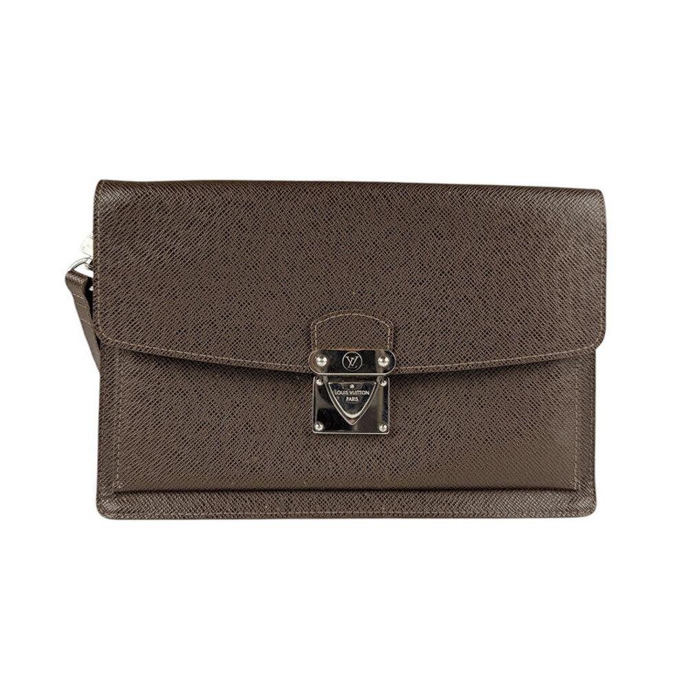 Louis Vuitton Clutch Bag Taiga Belaia Leather Dark Brown Silver